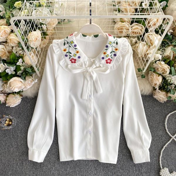 women's blouses & shirts korean style flower embroidery shirt women sweet ruffles turn down collar long sleeve bowtie single breasted c, White
women's blouses & shirts korean style flower embroidery shirt women sweet ruffles turn down collar long sleeve bowtie single breasted c, White