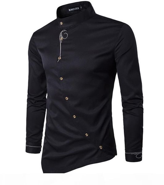 embroidery asymmetrical shirt men 2018 floral pattern incline single breasted long sleeve stand collar mens party club shirts, White;black
embroidery asymmetrical shirt men 2018 floral pattern incline single breasted long sleeve stand collar mens party club shirts, White;black