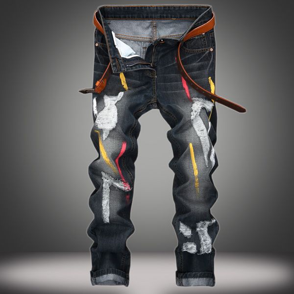painted european and american men's holes nostalgia straight mens ripped biker denim jeans pants, Black
painted european and american men's holes nostalgia straight mens ripped biker denim jeans pants, Black