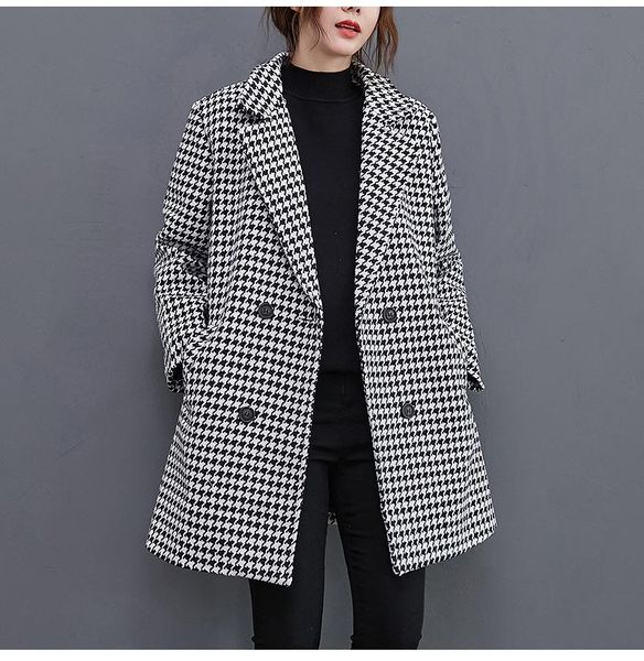 

womens casual loose autumn winter houndstoot tweed jacket fashion long sleeve button outerwear ladies casual elegant pea coat, Black