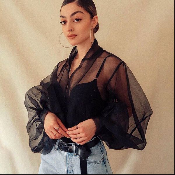 2021 new fashion autumn womens perspective bubble sleeve v neck button gauze blouses ladies elegant mesh shirt blusas, White
2021 new fashion autumn womens perspective bubble sleeve v neck button gauze blouses ladies elegant mesh shirt blusas, White