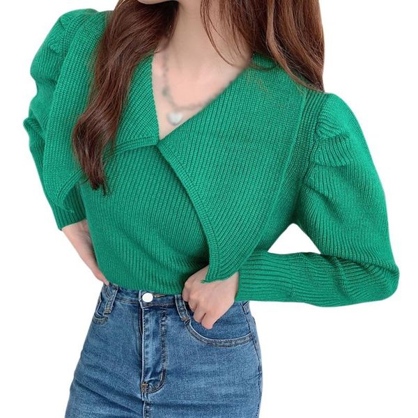 fall winter lapel puff sleeve short sweater women sweet long sleeve solid color clothes trench coat bottoming shirt newest, White;black 
fall winter lapel puff sleeve short sweater women sweet long sleeve solid color clothes trench coat bottoming shirt newest, White;black
