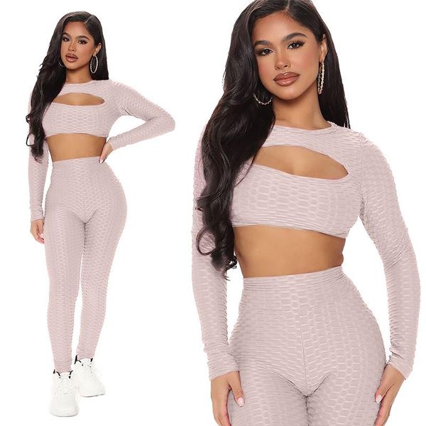 new autumn and winter sports suits jacquard knit short crop hollow out bodice + trousers two-piece set female workout clothes, Gray
new autumn and winter sports suits jacquard knit short crop hollow out bodice + trousers two-piece set female workout clothes, Gray