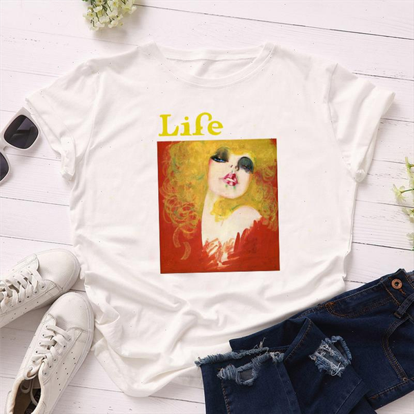 women t shirt summer short sleeve fashion oil painting lady print life letter print tshirts vogue female t shirt, White
women t shirt summer short sleeve fashion oil painting lady print life letter print tshirts vogue female t shirt, White