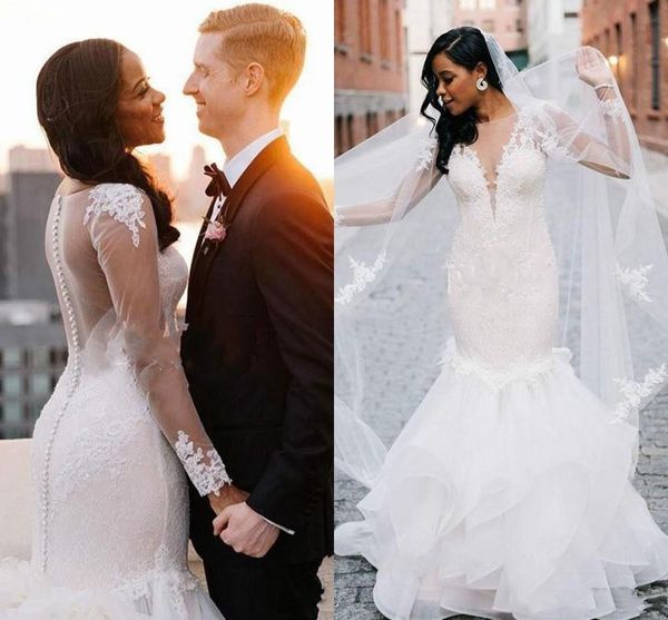 2021 lace mermaid wedding dresses long sleeve sheer neck illusion bodice ruffles appliques chapel garden country bridal gowns plus size, White
2021 lace mermaid wedding dresses long sleeve sheer neck illusion bodice ruffles appliques chapel garden country bridal gowns plus size, White
