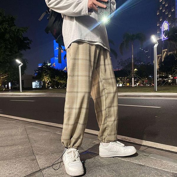 2021 spring new loose drawstring plaid casual pants streetwear sport, Black 
2021 spring new loose drawstring plaid casual pants streetwear sport, Black