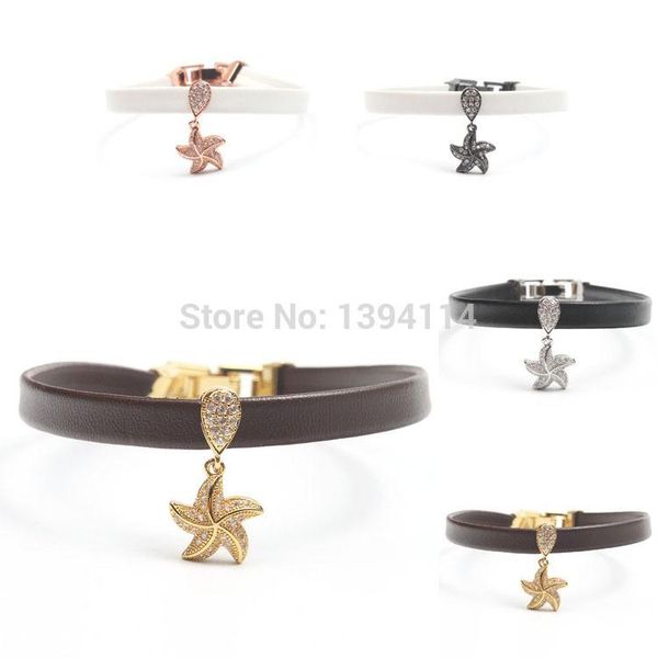 charm bracelets micro pave clear cz starfish stringed 8*1mm leather cord fold over clasp bracelet jewelry approx 8 inch, Golden;silver
charm bracelets micro pave clear cz starfish stringed 8*1mm leather cord fold over clasp bracelet jewelry approx 8 inch, Golden;silver