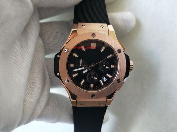 elling wristwatches rose gold black dial 42mm quartz chronograph rubber strap bands mens men's watch watches, Slivery;brown