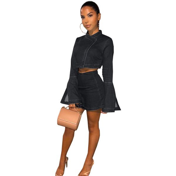 gl6285 european and american womens clothing nightclub bell sleeve zipper button denim skirt two-piece suit, White 
gl6285 european and american womens clothing nightclub bell sleeve zipper button denim skirt two-piece suit, White