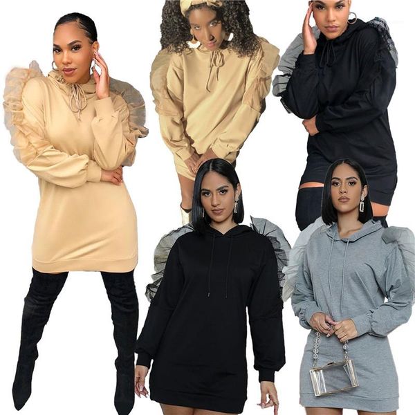 sleeve designer casual dress solid color fashion plus size a line dress autumn 2021 new arrival hooded gauze long, Black;gray 
sleeve designer casual dress solid color fashion plus size a line dress autumn 2021 new arrival hooded gauze long, Black;gray