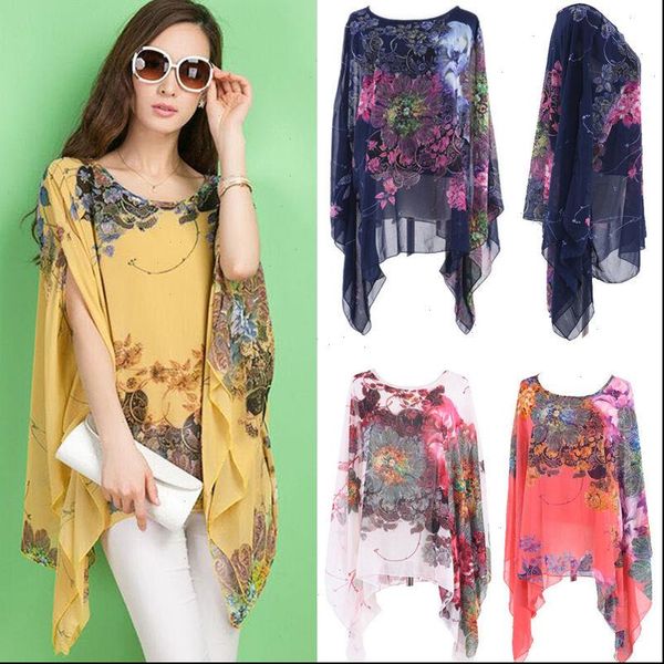 women summer irregular blouses floral bat wing sleeve chiffon loose casual o neck now, White
women summer irregular blouses floral bat wing sleeve chiffon loose casual o neck now, White