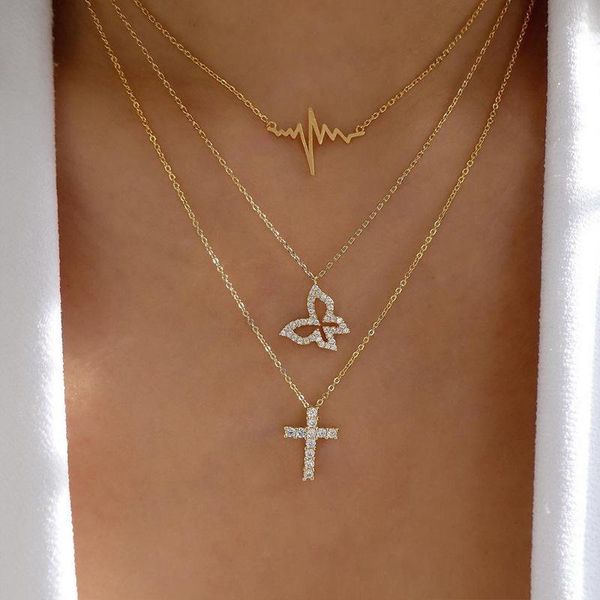 fashion gold-plated crystal butterfly cross eletrocardiogram multi-layer necklace wild pendant necklace for women, Silver
fashion gold-plated crystal butterfly cross eletrocardiogram multi-layer necklace wild pendant necklace for women, Silver