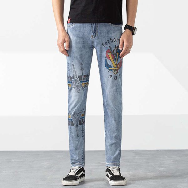 spring new printed leggings pants korean men's jeans 9835, Blue 
spring new printed leggings pants korean men's jeans 9835, Blue