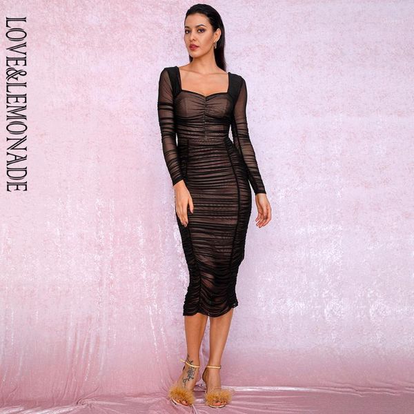 love&lemonade square collar black elastic mesh slim long sleeve over-the-knee party dress (with lining) lm81941-11, Black;gray
love&lemonade square collar black elastic mesh slim long sleeve over-the-knee party dress (with lining) lm81941-11, Black;gray
