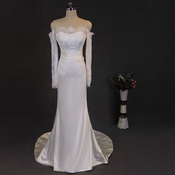 off-shoulder mermaid wedding dresses lace appliques sequins beaded long seeve wedding gowns covered buttons bridal dresses vestidos de novia, White
off-shoulder mermaid wedding dresses lace appliques sequins beaded long seeve wedding gowns covered buttons bridal dresses vestidos de novia, White