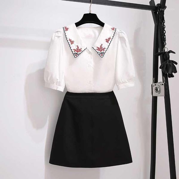 two piece dress summer women's set fashion neckline embroidered white half sleeve shirt + high waist black skirt suits sets1
two piece dress summer women's set fashion neckline embroidered white half sleeve shirt + high waist black skirt suits sets1