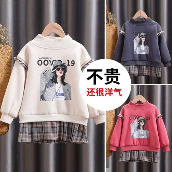 print thickened cartoon children's pullover 2020 girl's plaid hem fake two-piece sweater, Black
print thickened cartoon children's pullover 2020 girl's plaid hem fake two-piece sweater, Black