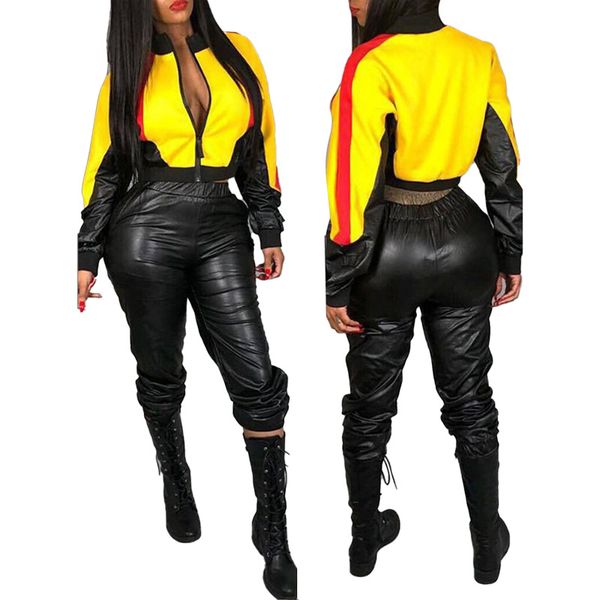 k9754 europe and america cross border popular fall winter fashion womens leather stitching zipper jacket two-piece set, Black
k9754 europe and america cross border popular fall winter fashion womens leather stitching zipper jacket two-piece set, Black