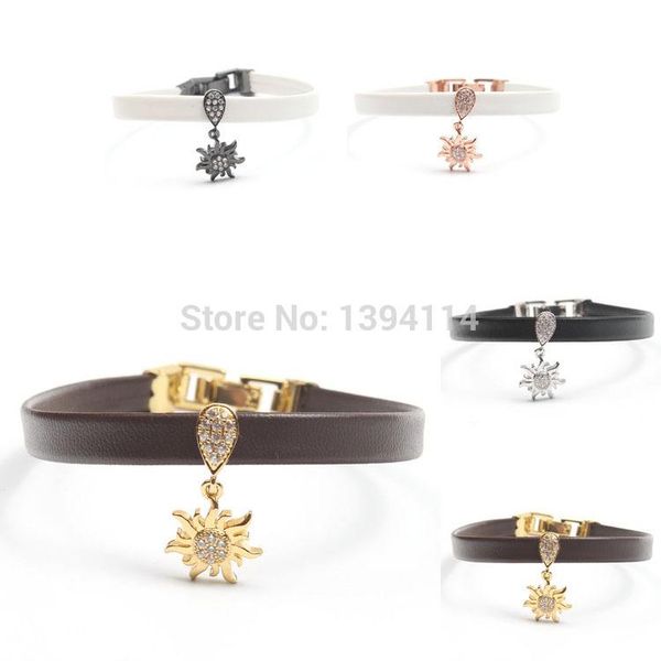 charm bracelets micro pave clear cz sun stringed 8*1mm leather cord fold over clasp bracelet jewelry approx 8 inch, Golden;silver
charm bracelets micro pave clear cz sun stringed 8*1mm leather cord fold over clasp bracelet jewelry approx 8 inch, Golden;silver
