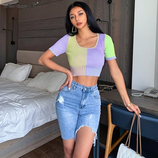 rainbow slim knitted t-shirt women summer crop color block basic knitwear paneled sweater tee streetwear, White
rainbow slim knitted t-shirt women summer crop color block basic knitwear paneled sweater tee streetwear, White