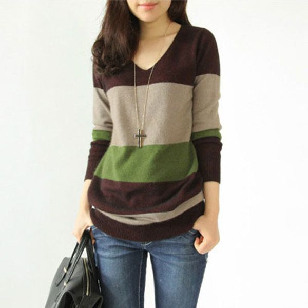 new v-neck women's stripe medium length t-shirt pullover large loose sweater, White
new v-neck women's stripe medium length t-shirt pullover large loose sweater, White