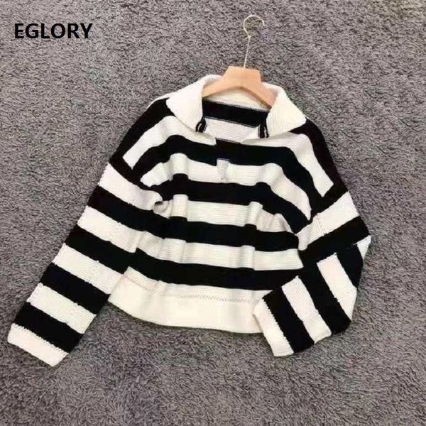 sweaters & pullovers 2021 spring fashion women turn-down collar striped knitting long sleeve loose sweaters casual knitwear, White;black
