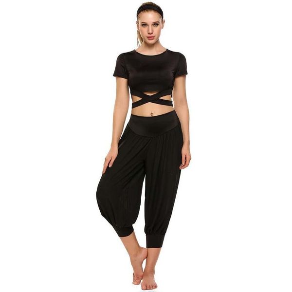 women 3 pieces yoga set short sleeve crop solid chiffon elastic summer pants headband cropped set fitness, White;black 
women 3 pieces yoga set short sleeve crop solid chiffon elastic summer pants headband cropped set fitness, White;black