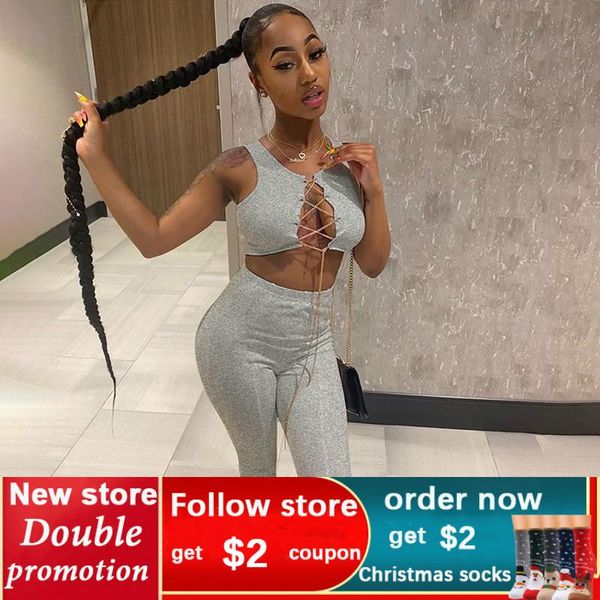 2020 autumn new women's hollow cardigan chain casual suit, Gray