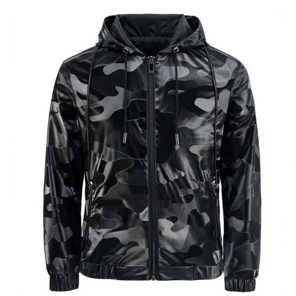 new men's leather jacket hooded pu leather jacket male camouflage thin coat spring casual sportswear1, Black