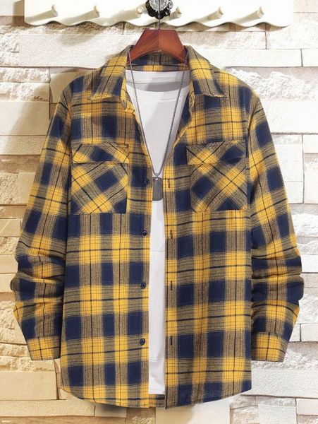 men tartan print flap pocket shirt without tee h1o6#, White;black 
men tartan print flap pocket shirt without tee h1o6#, White;black