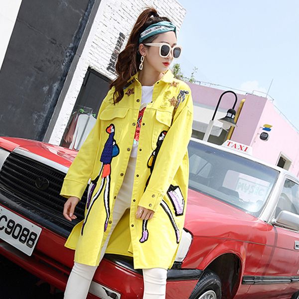 women autumn cotton denim trench coats yellow cartoon appliques vintage casual jeans windbreaker holes overcoat sa110s30 201031, Tan;black
women autumn cotton denim trench coats yellow cartoon appliques vintage casual jeans windbreaker holes overcoat sa110s30 201031, Tan;black