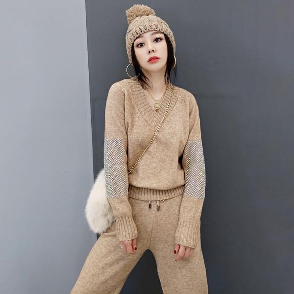 winter women outfit beading long sleeve v-neck sweaters casual trousers two piece female knitted tracksuit female pants suit, Gray
winter women outfit beading long sleeve v-neck sweaters casual trousers two piece female knitted tracksuit female pants suit, Gray