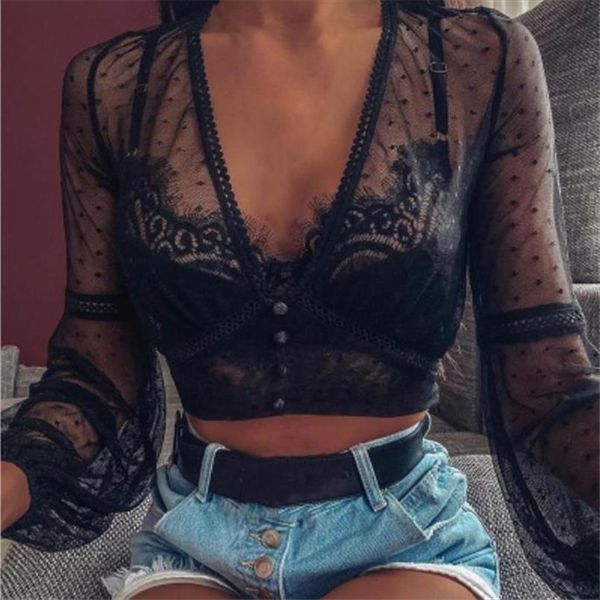 women black mesh sheer lace long bell sleeve v neck button shirts fashion polka dot design streetwear ladies blouse, White
women black mesh sheer lace long bell sleeve v neck button shirts fashion polka dot design streetwear ladies blouse, White