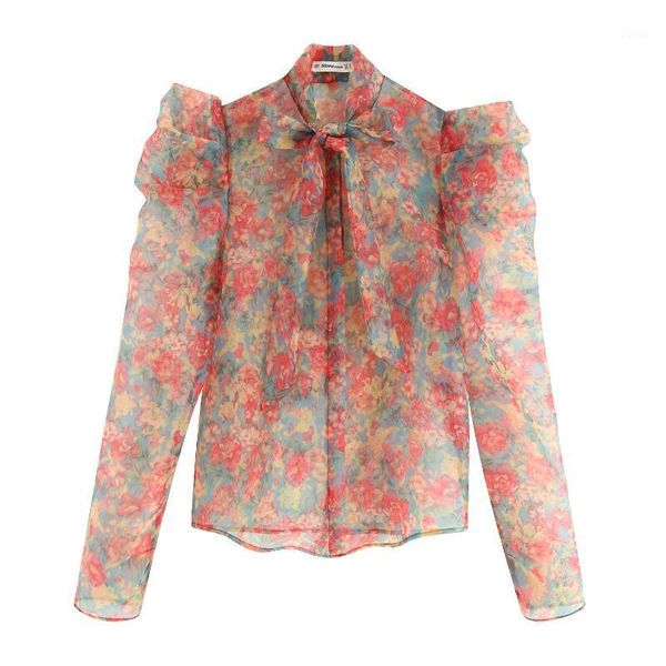 women floral printed blouse transparent bow tie collar long sleeve see through blusas1, White
women floral printed blouse transparent bow tie collar long sleeve see through blusas1, White