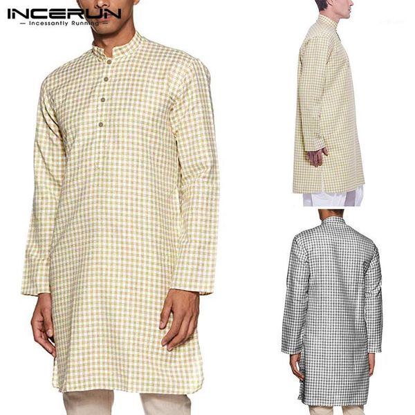 men plaid shirt clothes vintage long sleeve stand collar casual muslim streetwear men long shirts plus size1, White;black
men plaid shirt clothes vintage long sleeve stand collar casual muslim streetwear men long shirts plus size1, White;black