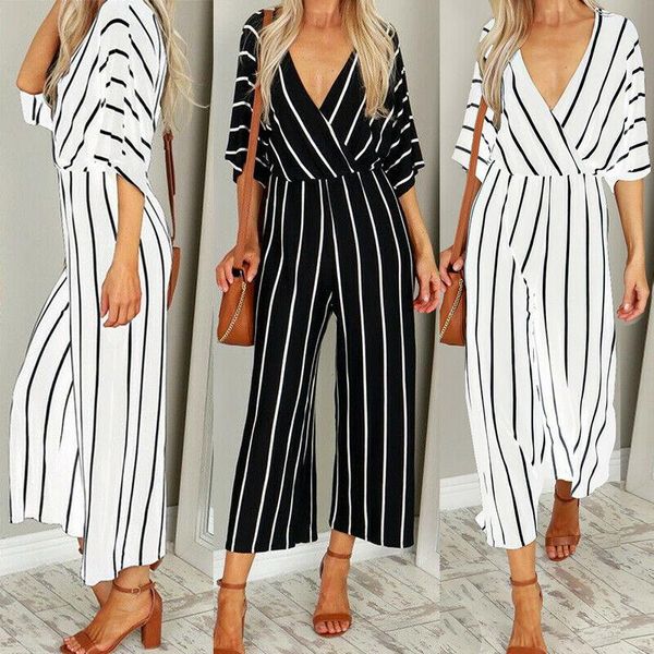 women short sleeve striped summer jumpsuit casual and loose ultrathin baggy trousers overalls romper, Black;white
women short sleeve striped summer jumpsuit casual and loose ultrathin baggy trousers overalls romper, Black;white