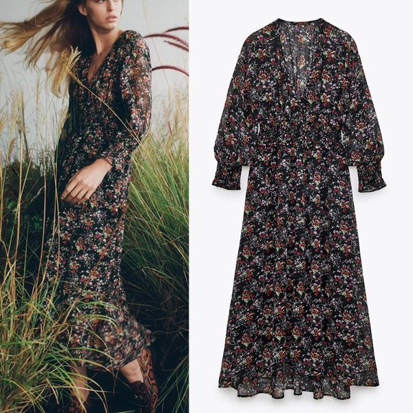 2021 new black floral printed midi women asymmetric hem sleeve v neck long dress woman elastic waist elegant dresses vszt, Black;gray
2021 new black floral printed midi women asymmetric hem sleeve v neck long dress woman elastic waist elegant dresses vszt, Black;gray