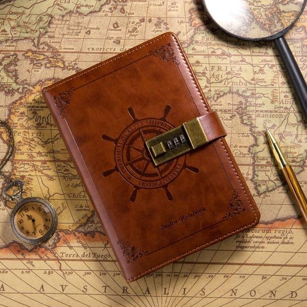 Vintage Creative Fitted B6 Sailor Travel Journal Planner Faux Leather Notebook With Password Lock Navigation Agenda Gift 1243