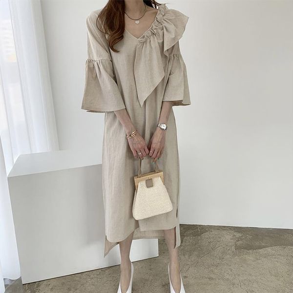 chic korean v neck solid irregular linen cotton new brief 2020 summer streetwear straight gentle women mid length dress, Black;gray
chic korean v neck solid irregular linen cotton new brief 2020 summer streetwear straight gentle women mid length dress, Black;gray