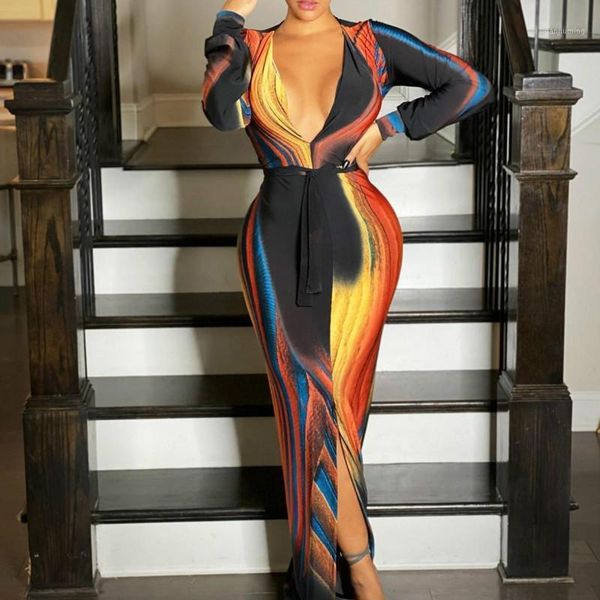 women elegant print long sleeve tight dress fashion colorful deep v neck split party dress autumn winter womens clothes1, Black;gray 
women elegant print long sleeve tight dress fashion colorful deep v neck split party dress autumn winter womens clothes1, Black;gray