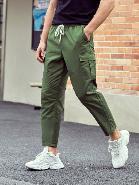 men solid drawstring flap pocket cargo pants a5nx#, Black 
men solid drawstring flap pocket cargo pants a5nx#, Black