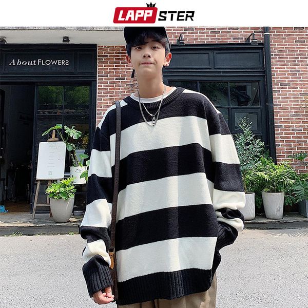lappster men oversized striped mens winter korean fashions sweater male pullover harajuku black sweaters 201117, White;black
lappster men oversized striped mens winter korean fashions sweater male pullover harajuku black sweaters 201117, White;black