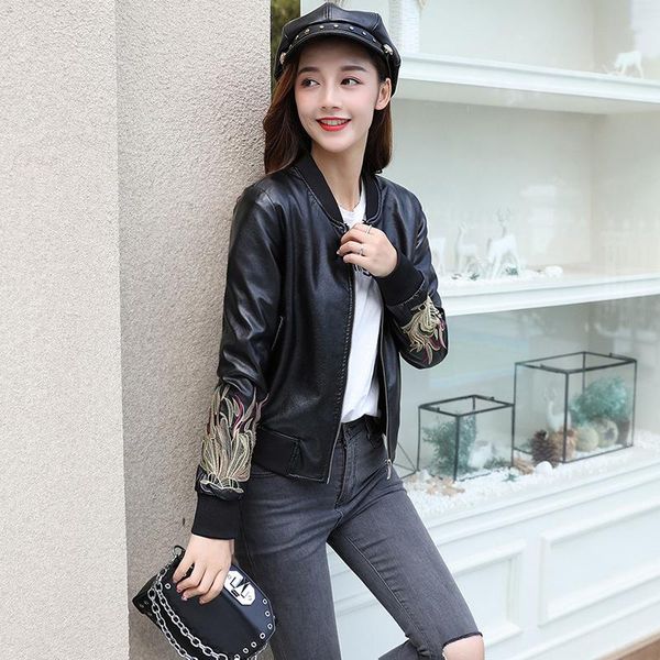 women's leather & faux motorcycle jacket women spring autumn baseball coat female embroidered pu jackets 6109 kj3998, Black
women's leather & faux motorcycle jacket women spring autumn baseball coat female embroidered pu jackets 6109 kj3998, Black