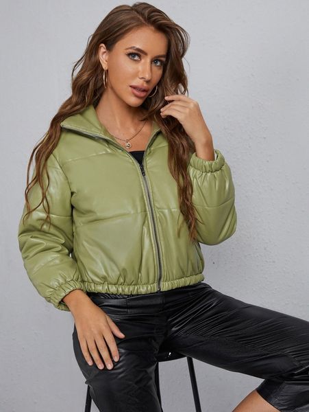 zip up pu leather puffer jacket a3dz#, Black