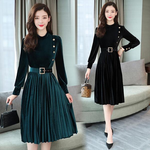autumn winter dress women vintage long sleeved pleated velvet dress ladies elegant slim a line velvet party female belt, Black;gray
autumn winter dress women vintage long sleeved pleated velvet dress ladies elegant slim a line velvet party female belt, Black;gray