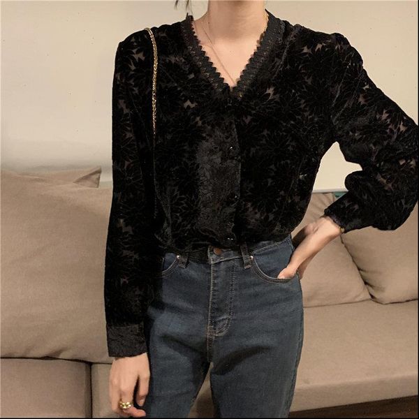 black velvet v neck chic gentle 2021 new loose dark flowers office lady all match elegant blouses shirts, White
black velvet v neck chic gentle 2021 new loose dark flowers office lady all match elegant blouses shirts, White