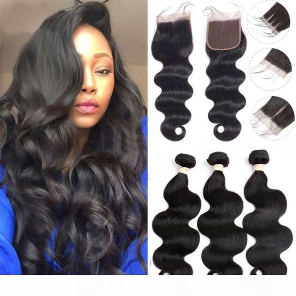 

beau diva unprocessed 8a body wave 3 bundles with closure brazilian virgin hair remy human hair bundles with 4x4 lace closure, Black;brown