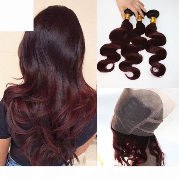 360 lace frontal with bundles two tone dip dye burgundy 99j body wave ombre human hair weaves closure, Black;brown
360 lace frontal with bundles two tone dip dye burgundy 99j body wave ombre human hair weaves closure, Black;brown