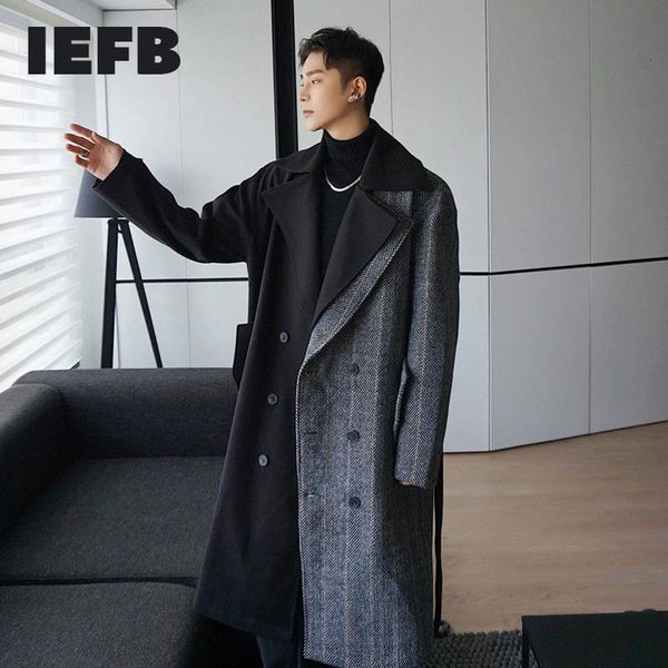 men's wool & blends iefb 2021 autumn winter fashion color block patchwork medium long woolen coat loose trend bandge with belt y4834, Black
men's wool & blends iefb 2021 autumn winter fashion color block patchwork medium long woolen coat loose trend bandge with belt y4834, Black