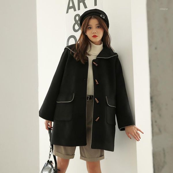 women's wool & blends preppy navy collar and horn button coat for women's mid-length winter 2021 cropped tweed jacket1, Black
women's wool & blends preppy navy collar and horn button coat for women's mid-length winter 2021 cropped tweed jacket1, Black